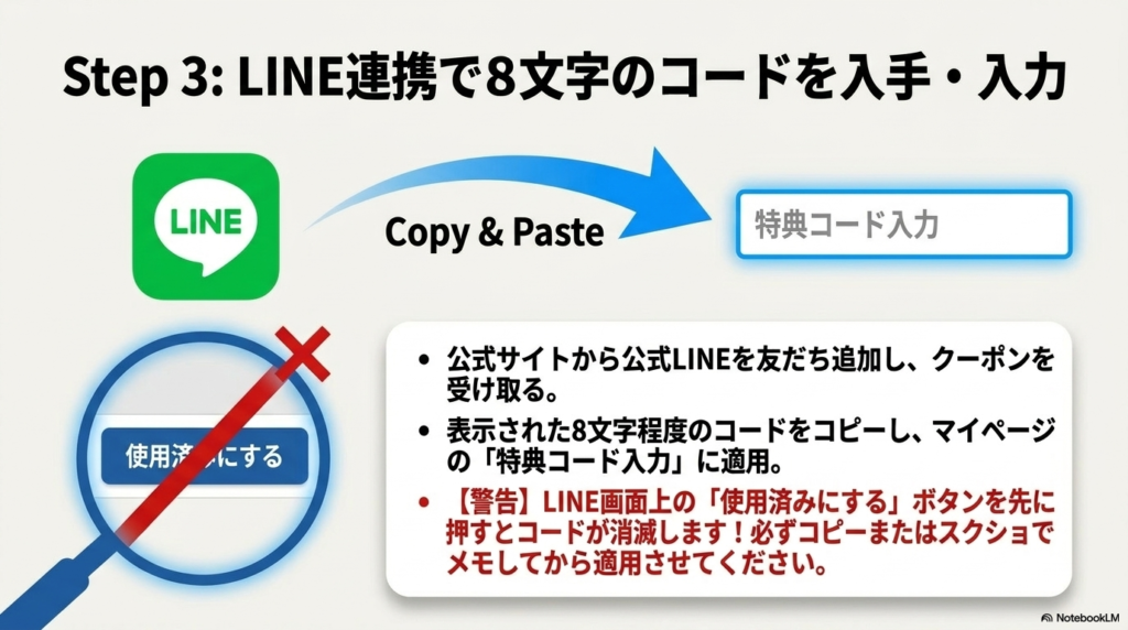 ステップ3：LINE連携で8文字の特典コードを入手・入力
