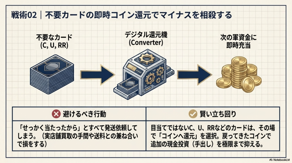 不要なC/U/RRカードは即コイン還元してリスクを減らす
