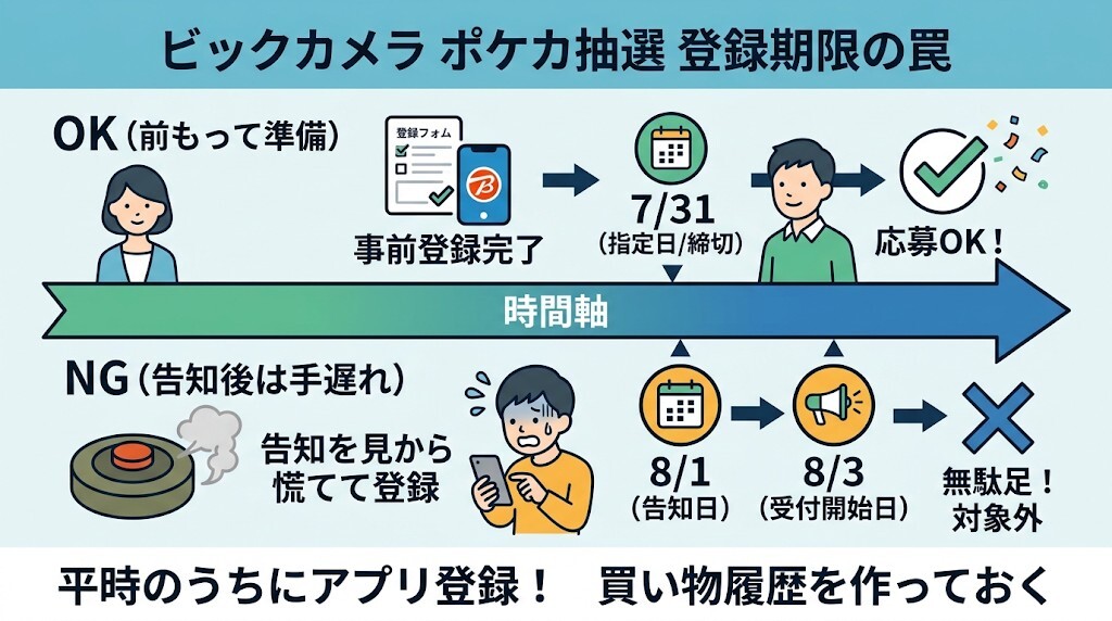 【地雷2：発行期限の罠】抽選告知後にカードを作っても無駄！「受付開始日前の締め切り」を暴くをわかりやすく図解