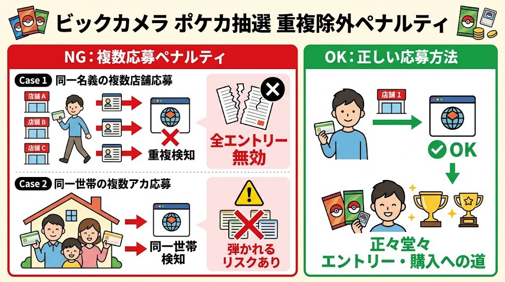 【地雷3：重複除外】複数店舗への二重応募や、同一家族内・複数アカウントでの申し込みペナルティをわかりやすく図解