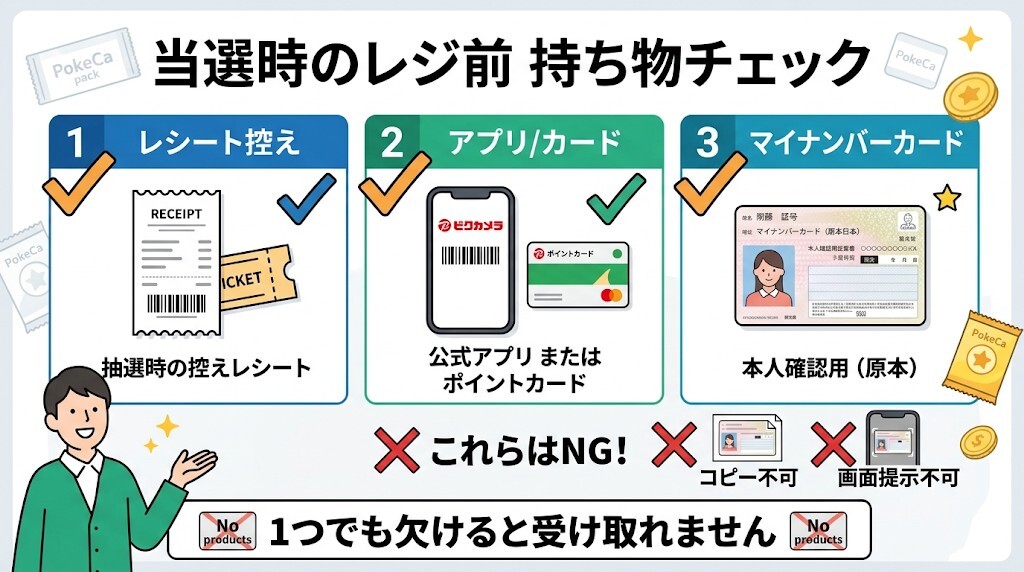 当選時のレジ前「持ち物チェックリスト」（レシート控え・アプリ/カード・マイナンバーカード原本）をわかりやすく図解